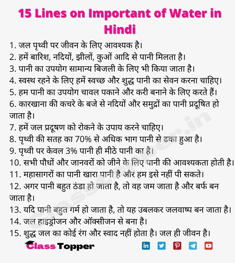 15 Lines on Important of Water in Hindi