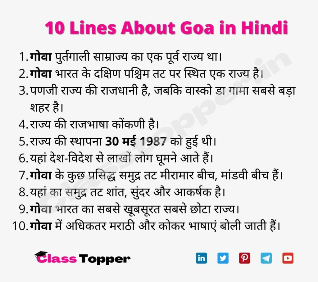 10 Lines About Goa in Hindi