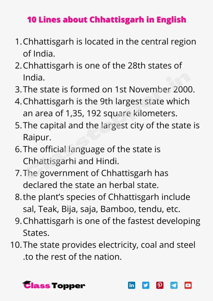 10 Lines about Chhattisgarh in English