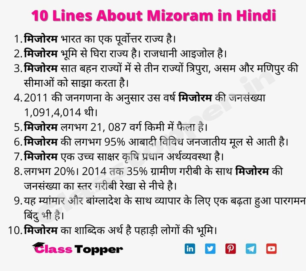 10 Lines About Mizoram in Hindi