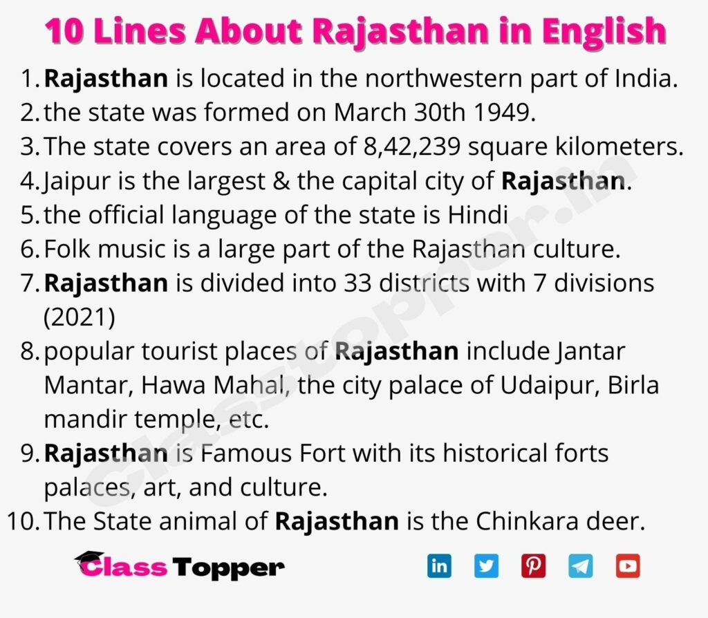 10 Lines About Rajasthan in English