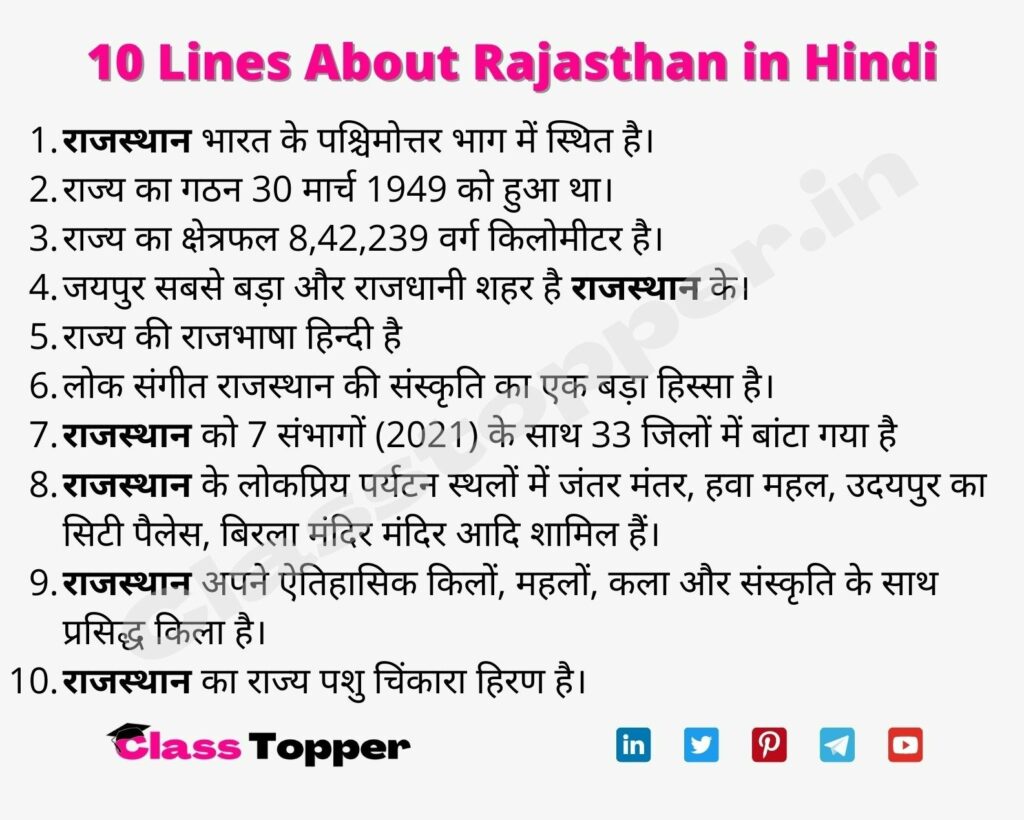 10 Lines About Rajasthan in Hindi