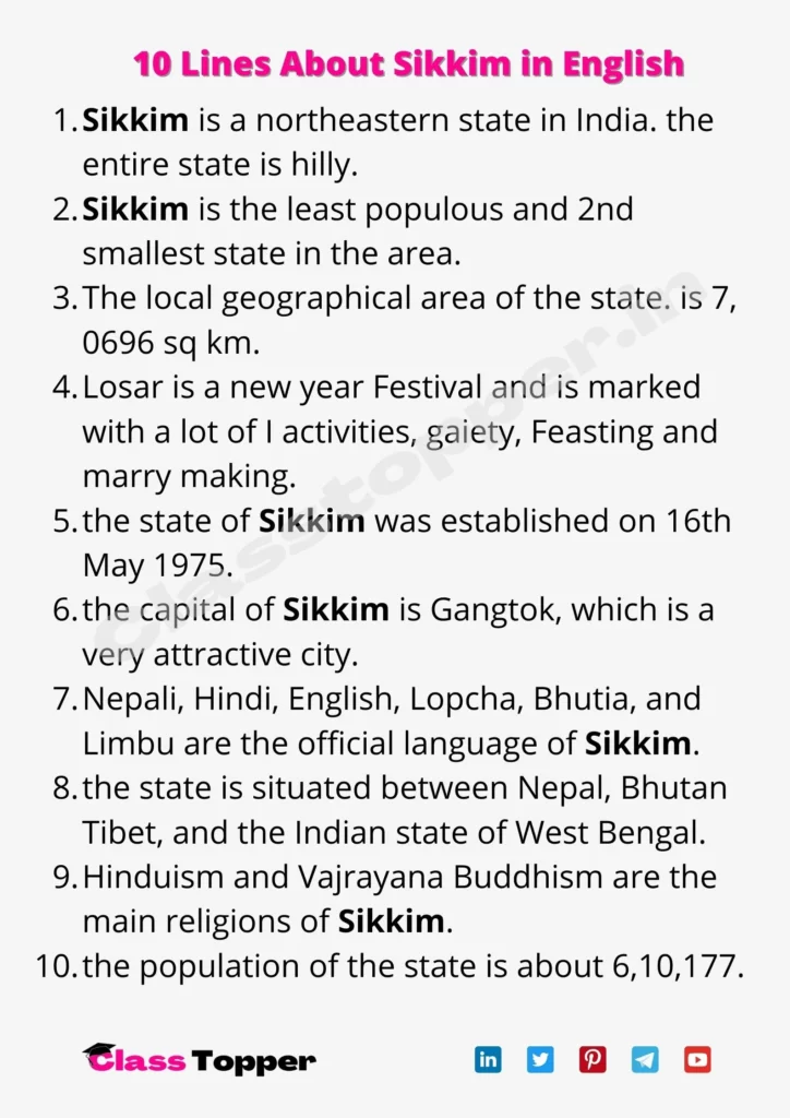 10 Lines About Sikkim in English