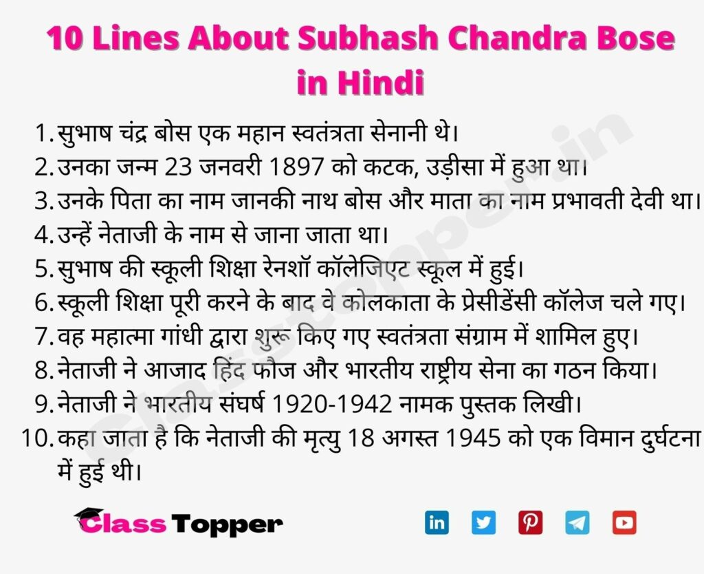 10 Lines About Subhash Chandra Bose in Hindi