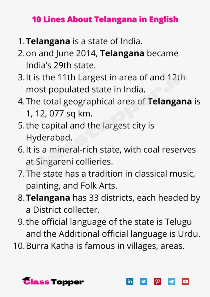 10 Lines About Telangana in English