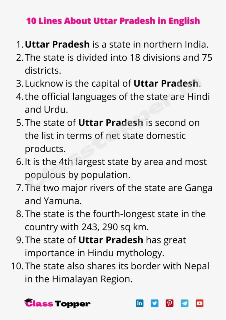 10 Lines About Uttar Pradesh in English