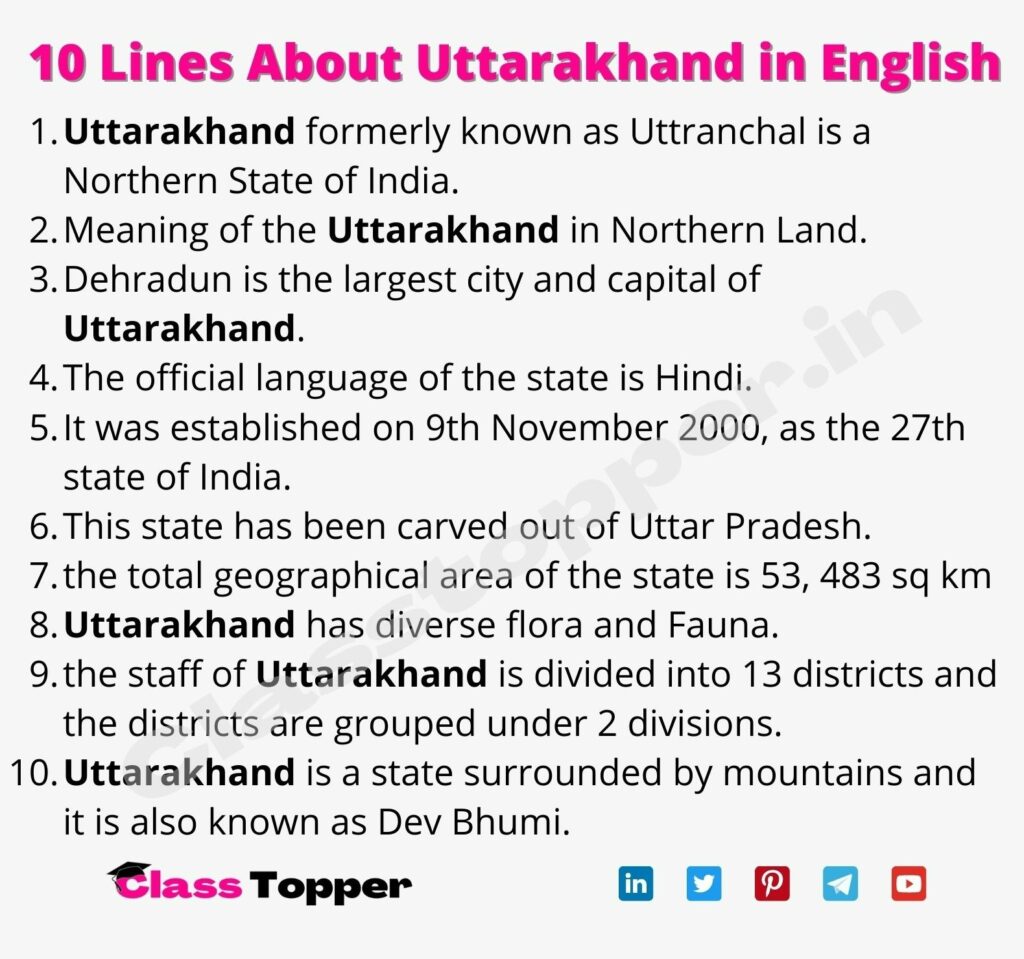 10 Lines About Uttarakhand in English