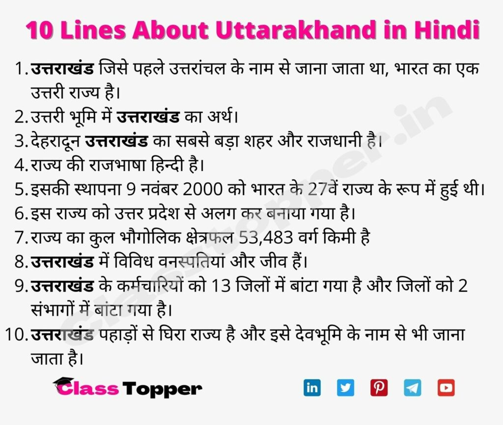 10 Lines About Uttarakhand in Hindi