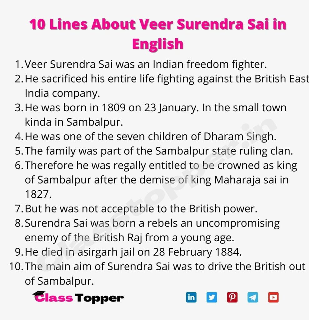 10 Lines About Veer Surendra Sai in English