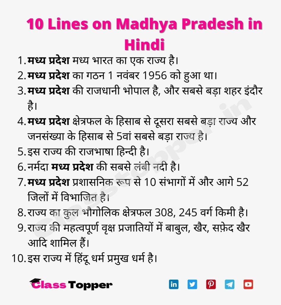 10 Lines on Madhya Pradesh in Hindi