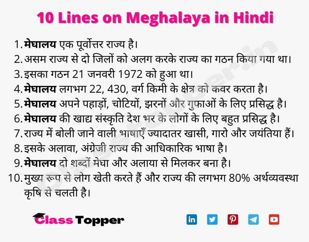 10 Lines on Meghalaya in Hindi