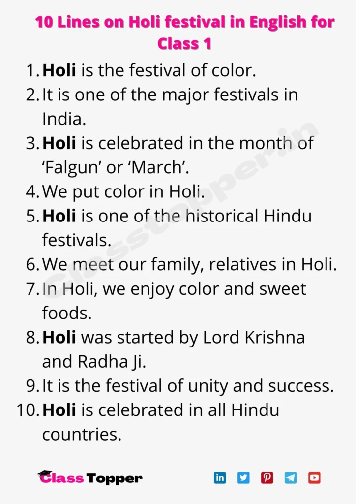10 Lines on Holi festival in English for Class 1