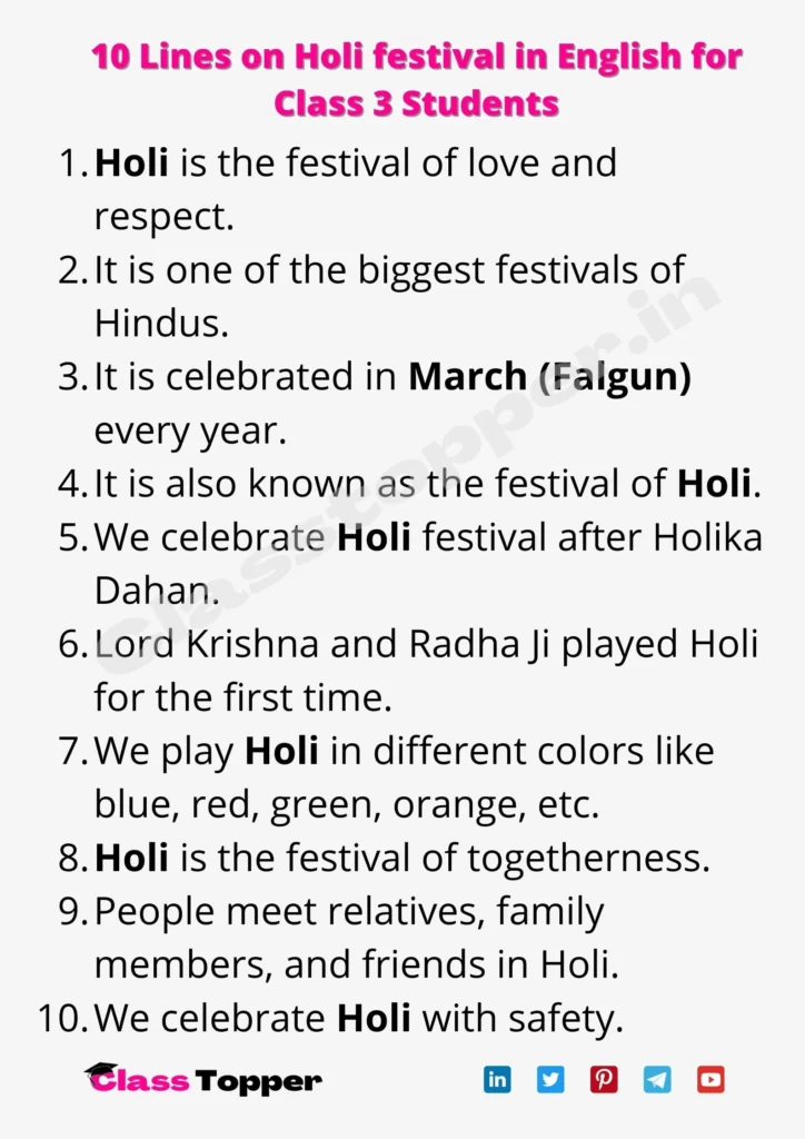 10 Lines on Holi festival in English for Class 3 Students