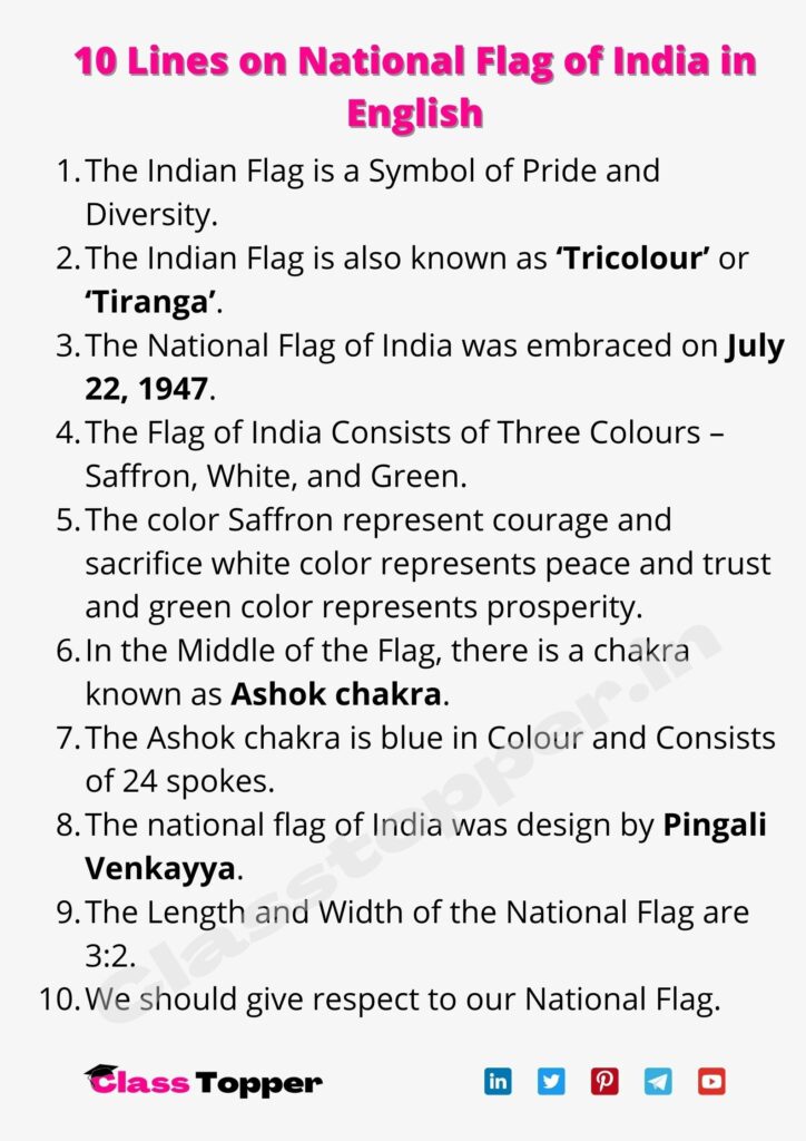10 Lines on National Flag of India in English