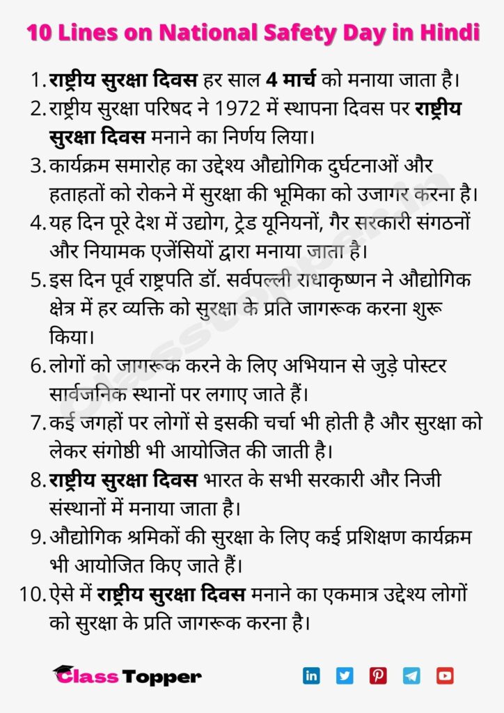 10 Lines on National Safety Day in Hindi