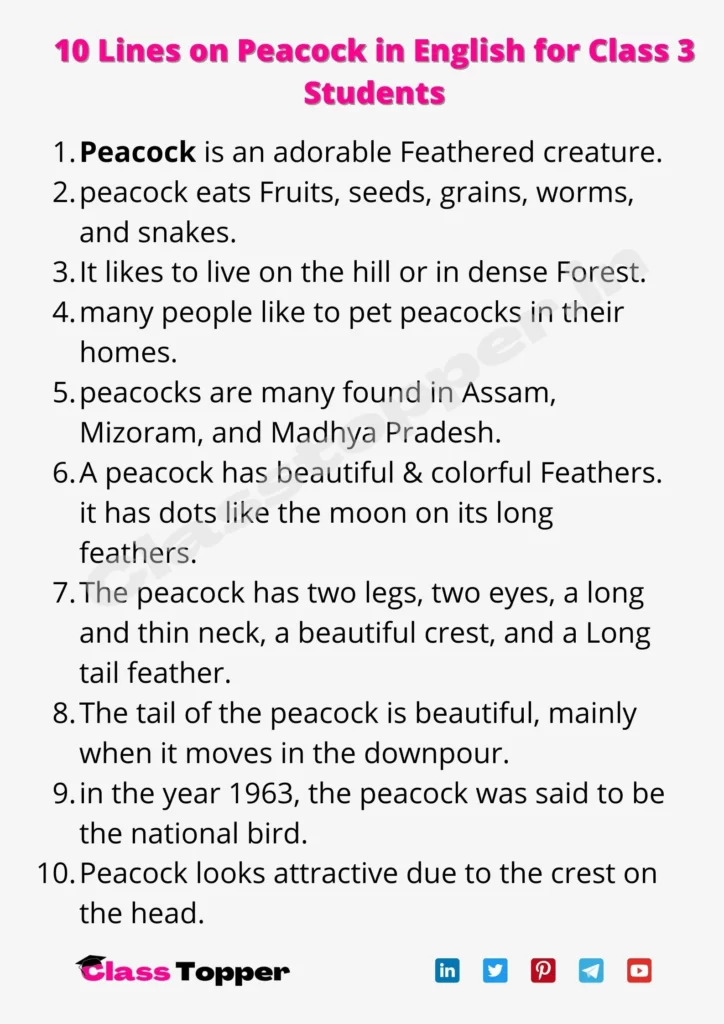 10 Lines on Peacock in English for Class 3 Students