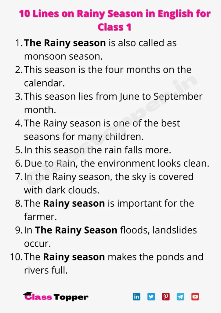 10 Lines on Rainy Season in English for Class 1