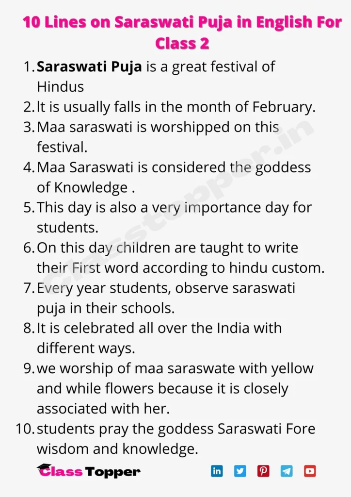 10 Lines on Saraswati Puja in English For Class 2