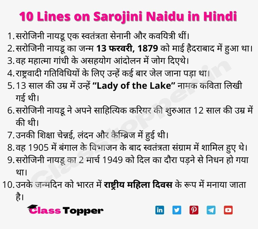 10 Lines on Sarojini Naidu in Hindi