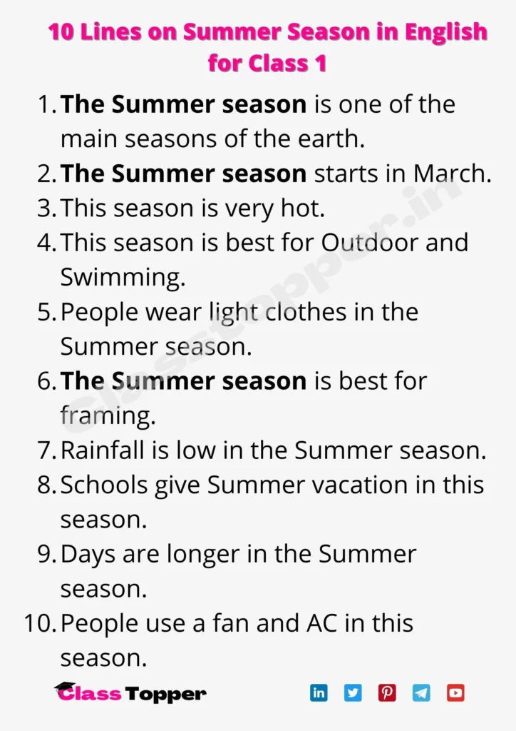 10 Lines on Summer Season in English for Class 1