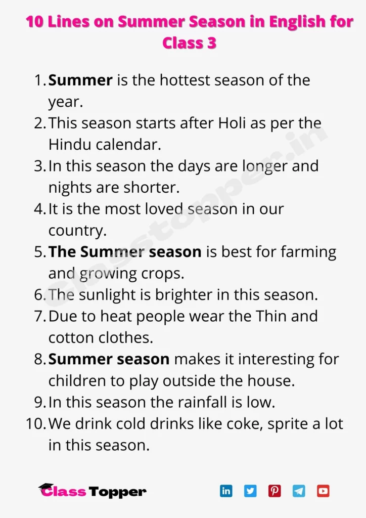 10 Lines on Summer Season in English for Class 3