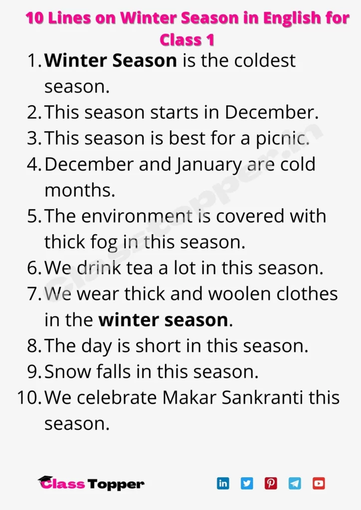 10 Lines on Winter Season in English for Class 1