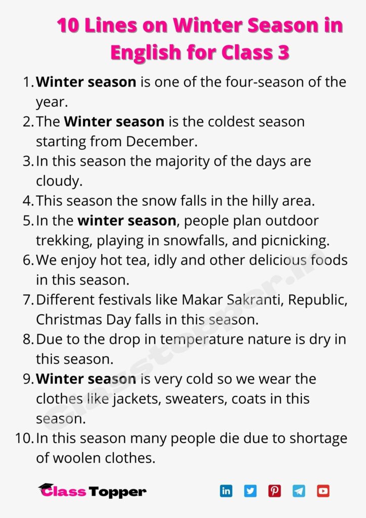 10 Lines on Winter Season in English for Class 3