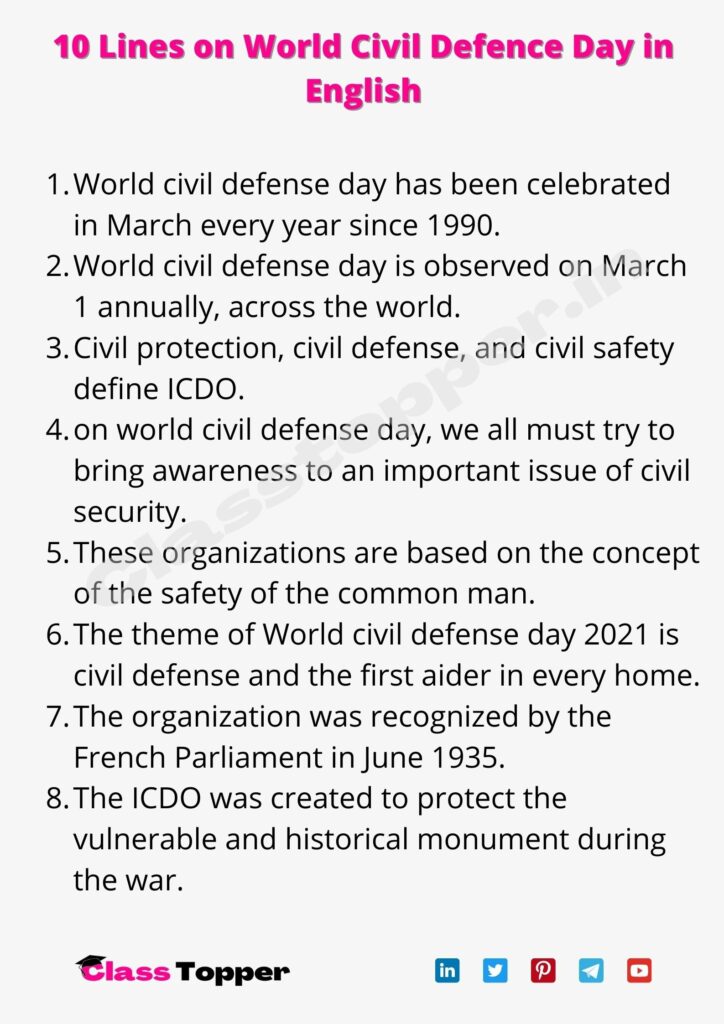 10 Lines on World Civil Defense Day in English