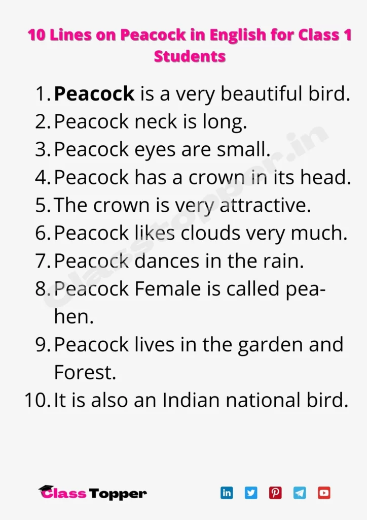 10 Lines on Peacock in English for Class 1 Students