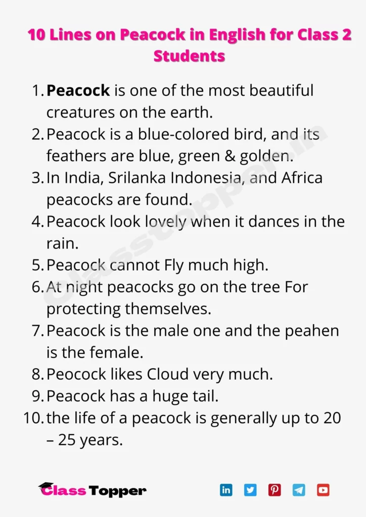 10 Lines on Peacock in English for Class 2 Students