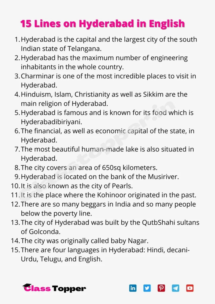 15 Lines on Hyderabad in English