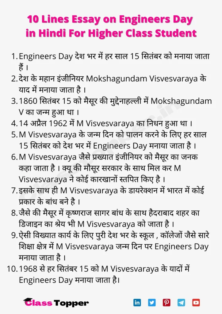 10 Lines Essay on Engineers Day in Hindi For Higher Class Student