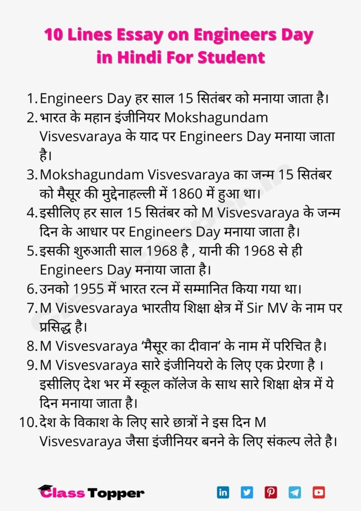 10 Lines Essay on Engineers Day in Hindi For Student