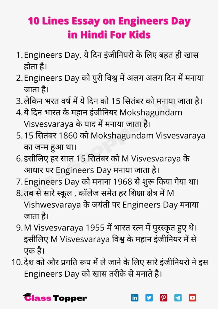 10 Lines Essay on Engineers Day in Hindi For Kids