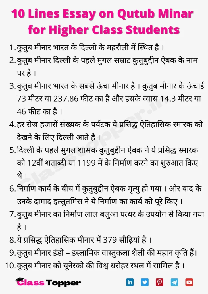 10 Lines Essay on Qutub Minar in Hindi for Higher Class Students