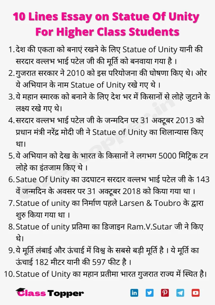 10 Lines Essay on Statue Of Unity in Hindi For Higher Class Students