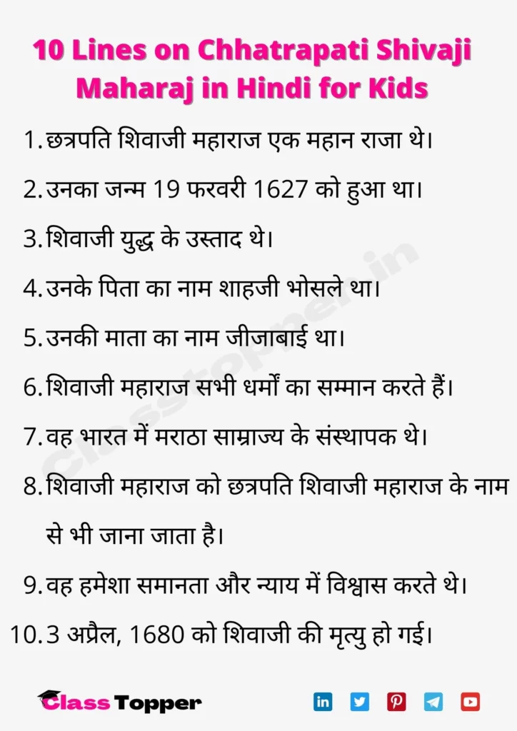 10 Lines on Chhatrapati Shivaji Maharaj in Hindi for Kids