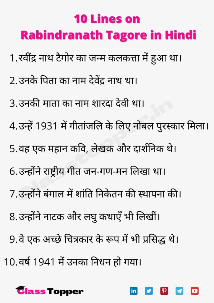 10 Lines on Rabindranath Tagore in Hindi