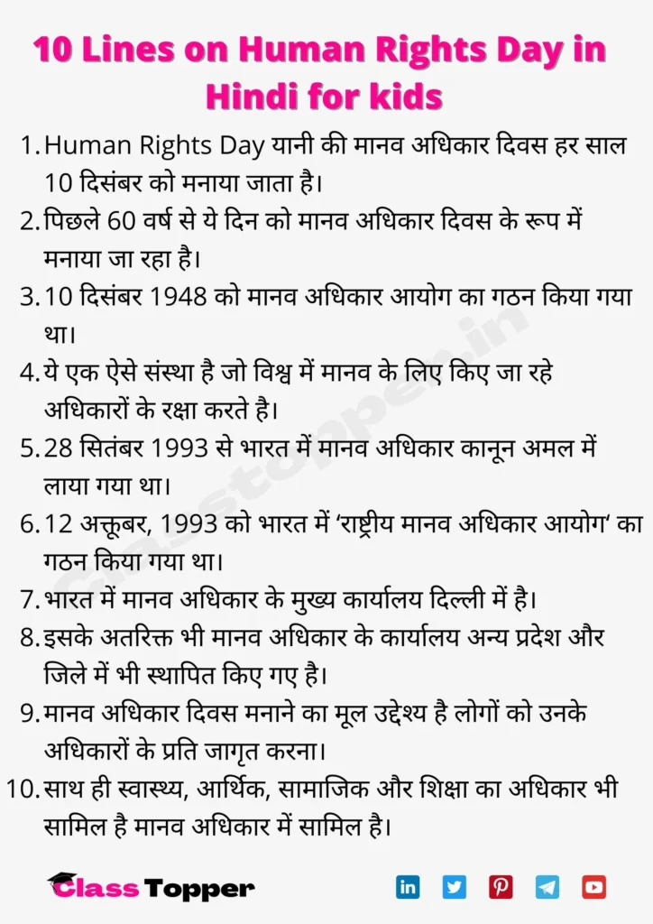 10 Lines on Human Rights Day in Hindi for kids
